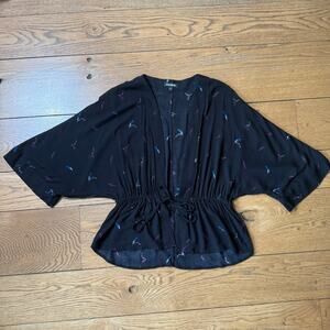 Express Tie Waist Open Front Peplum Kimono SZ S Black Feathers 3/4 Sleeve Fairy